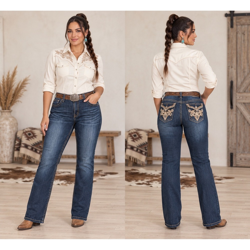 Boho Western CowgirlRodeo SlimBootcut Dark Wash Sequins Pocket 11/12Short Jeans